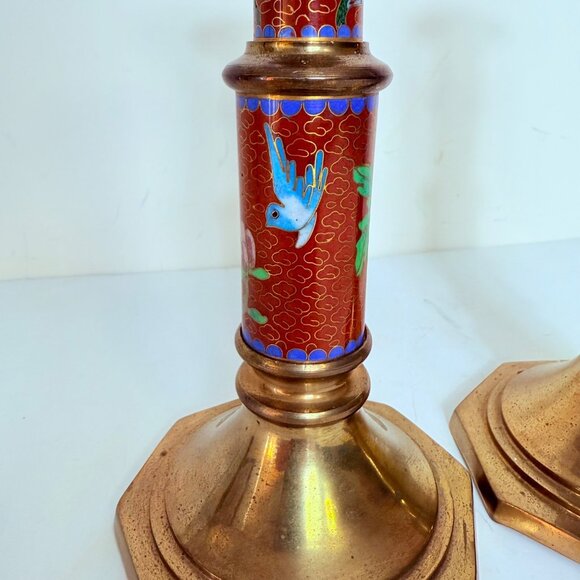 Cloisonne Brass Candlestick Holders Floral Bird Set Of 2 VTG Eclectic Home Decor - Picture 9 of 15